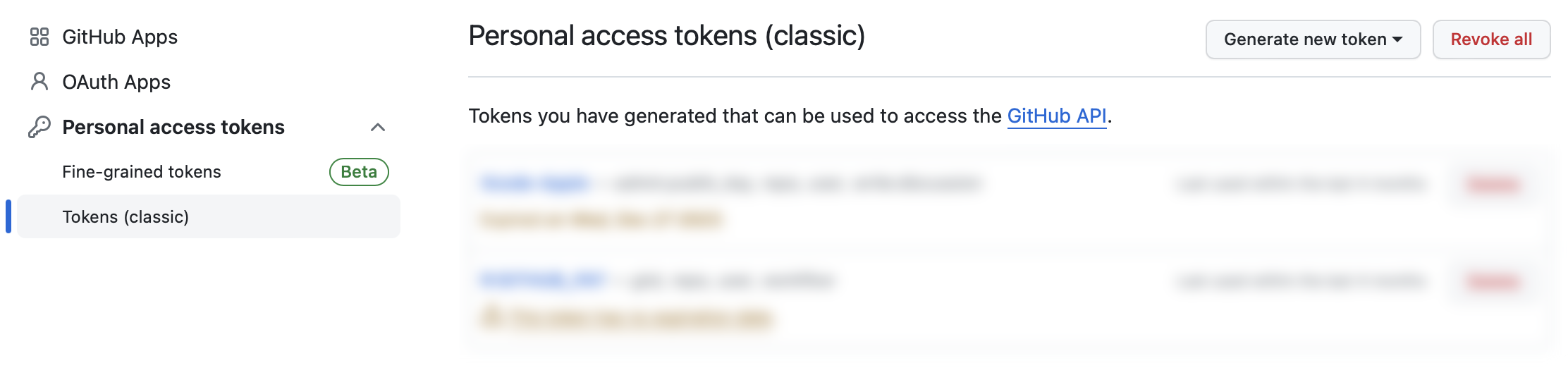 Personal Access Tokens Page